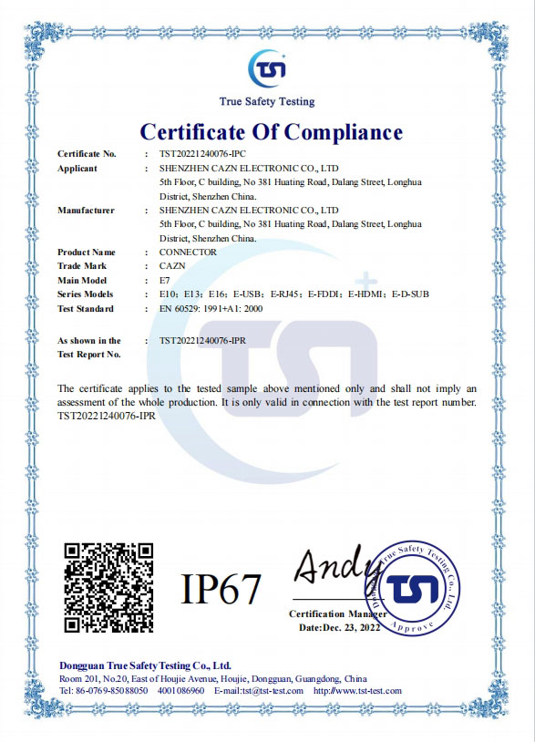 Connecteur CAZN E-certificat IP67