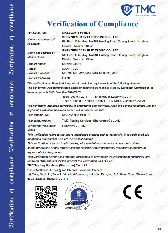 Certificat ROHS du connecteur CAZN M12